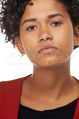Buy stock photo Portrait of a gorgeous young woman looking serious