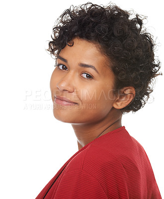 Buy stock photo Woman, natural and smile in portrait, studio and confidence for fashion, proud and beauty. Mexican female person, face and positive mindset in mockup, curly hair and isolated by white background