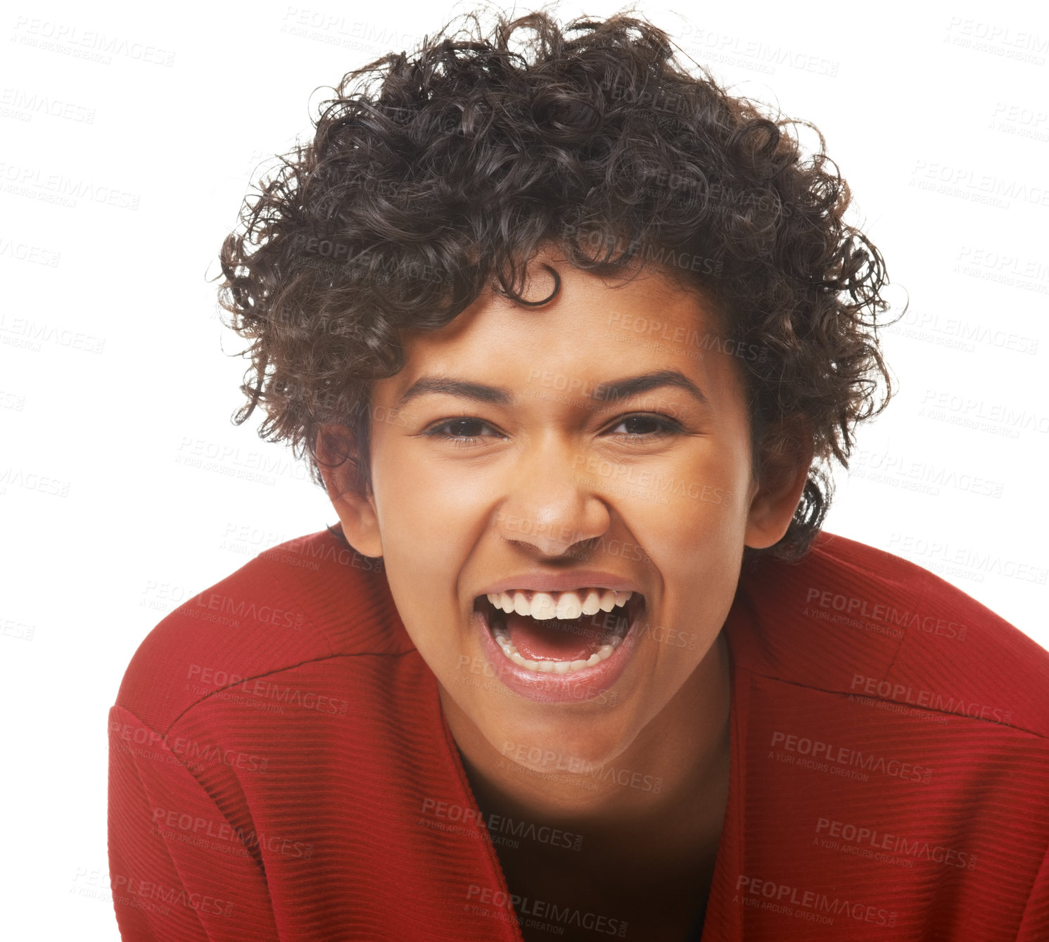 Buy stock photo Happy woman, laughing and face in portrait, studio and funny joke or comedy by white background. Female person, silly and humor or goofy, comic and positive mindset or excited, smile and mockup