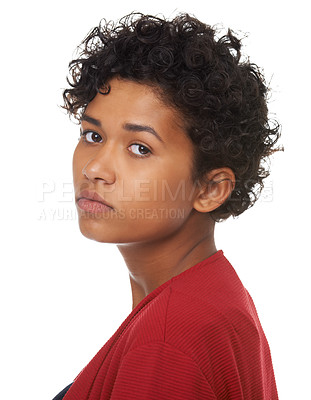 Buy stock photo Young woman, sad face and bored in a studio of a female teenager with white background. Disappointed, Indian teen person and youth portrait feeling serious, upset girl and unhappy with beauty alone