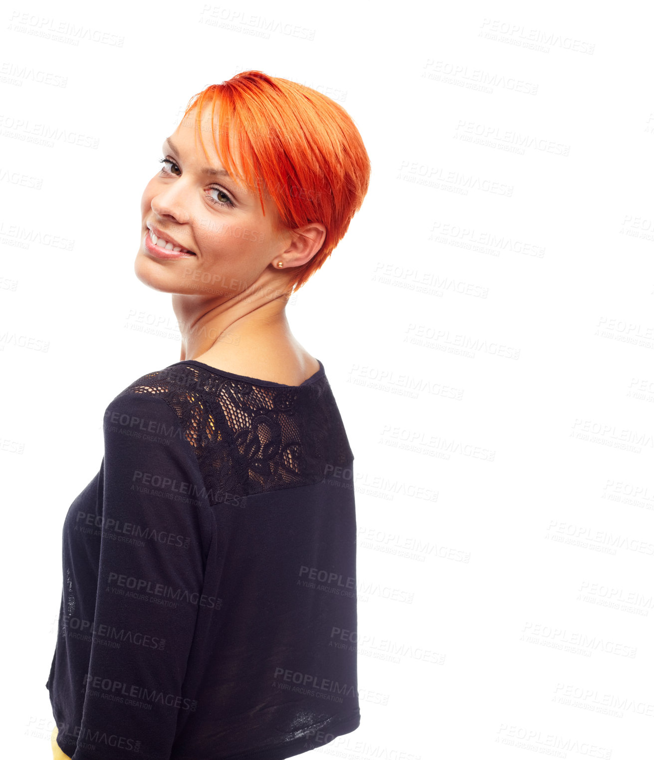 Buy stock photo Woman, smile and redhead with fashion, face and stylish for cool, trendy and edgy hairstyle. Punk, over the shoulder and happy with body language, funky and youth on white background with short hair