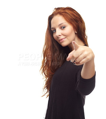 Buy stock photo Fashion, woman and portrait with pointing at you in studio and confidence, good mood and motivation on mock up space. Young person, model and face with smile or selection on white background with joy