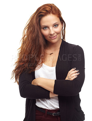 Buy stock photo Business, woman and portrait with arms crossed or smile in studio for startup, career growth and service on white background. Entrepreneur, person or face with confidence and pride on mock up space