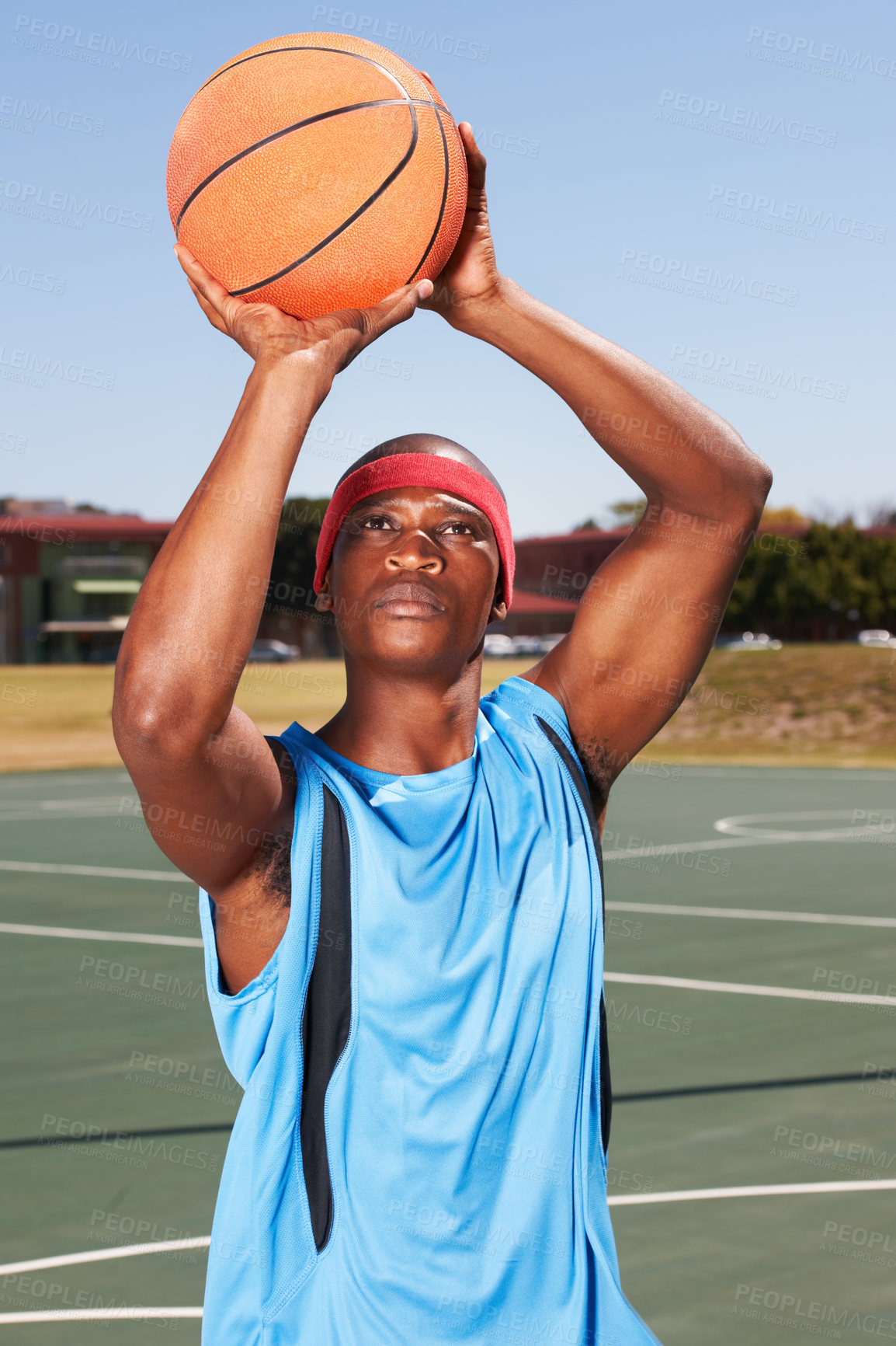 Buy stock photo Basketball, player and shoot on outdoor court for fitness challenge or sports train for game, match as athlete. Black man, score point for summer goal dunk or competition winner, cardio or confident