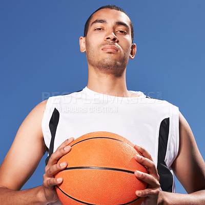 Buy stock photo Confident, basketball player and outdoor portrait for sport, game and competition in summer with sky background. Serious, challenge and man with ball for exercise, goals or fitness from training