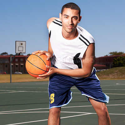 Buy stock photo Man, basketball and portrait with sport, fitness ad exercise outdoor on a court with game. Cardio, athlete and challenge of a player with training and workout for match and competition with aim