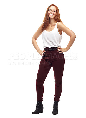 Buy stock photo A trendy young woman posing with hands on her hips