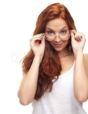 Buy stock photo Woman, portrait and glasses or happy in studio for fashion, vision and confidence on white background. Person, face or smile with eyewear, casual outfit or spectacles and redhead for beauty on mockup