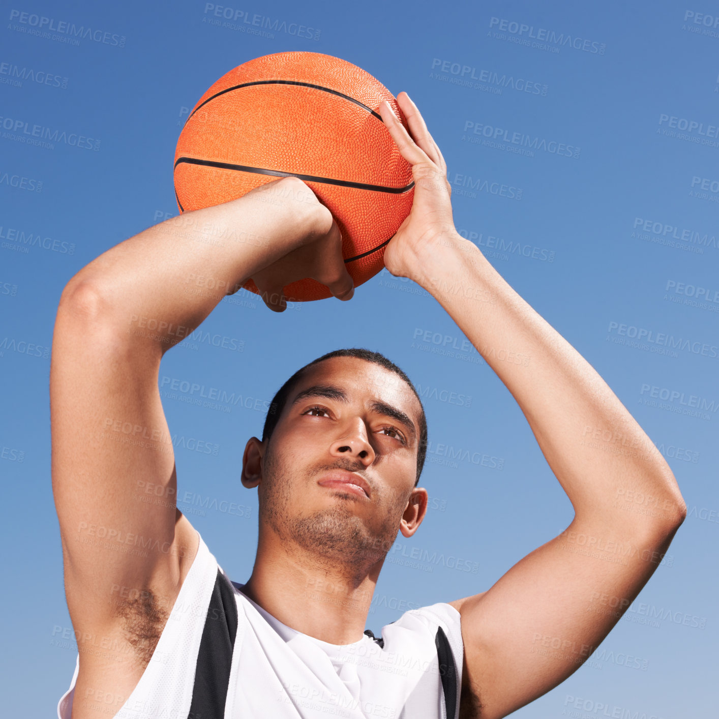 Buy stock photo Man, basketball and shot with sport, fitness ad exercise outdoor on a court with game. Shooting, athlete and challenge of a player with training and workout for match and competition with aim