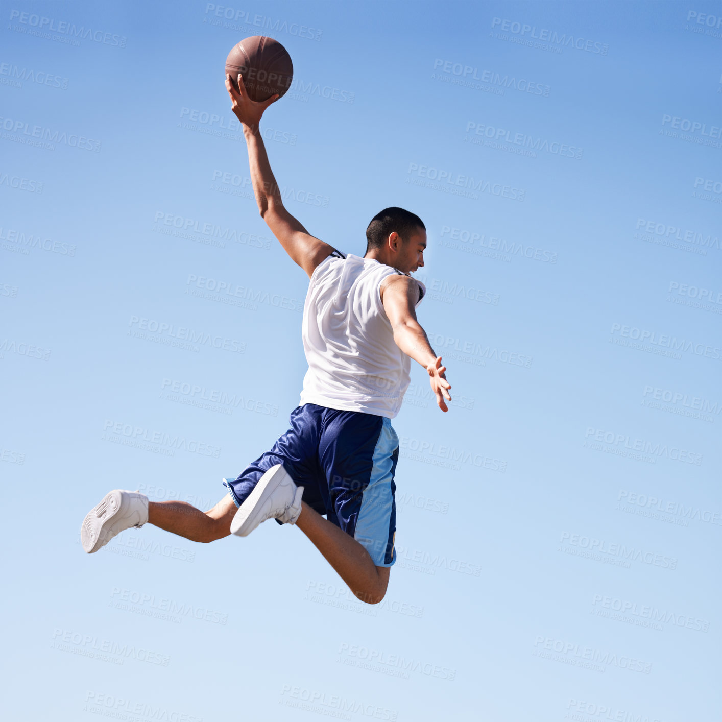 Buy stock photo Man, basketball and dunk jump with sport, fitness ad exercise outdoor on a court with game. Shooting, athlete and challenge of a player with training and workout for match and competition with aim