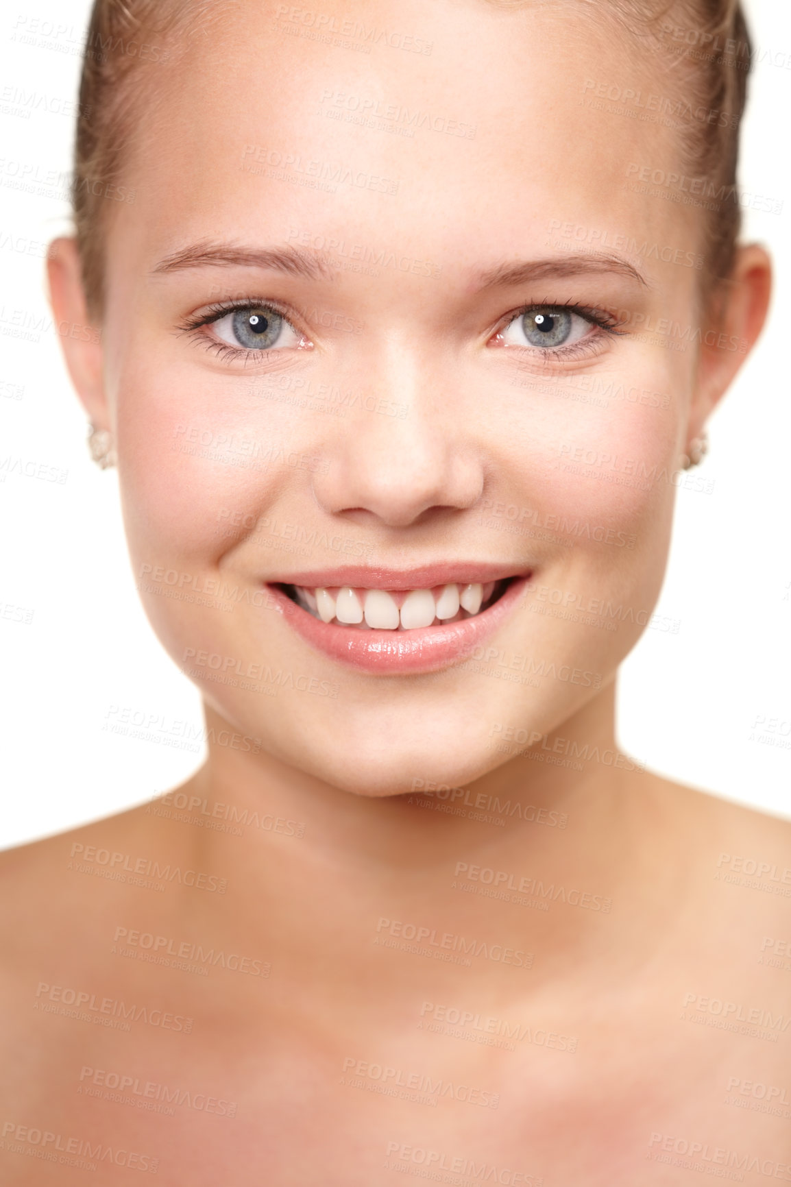 Buy stock photo Teenager, portrait and skincare smile in studio for glow or clear, hygiene on white background. Female person, model and face for natural confidence for health wellness, calm clean shine or collagen