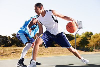 Buy stock photo Man, basketball and team with sport, fitness ad exercise outdoor on a court with game. Shooting, athlete and challenge of a player with training and workout for match and competition with defense