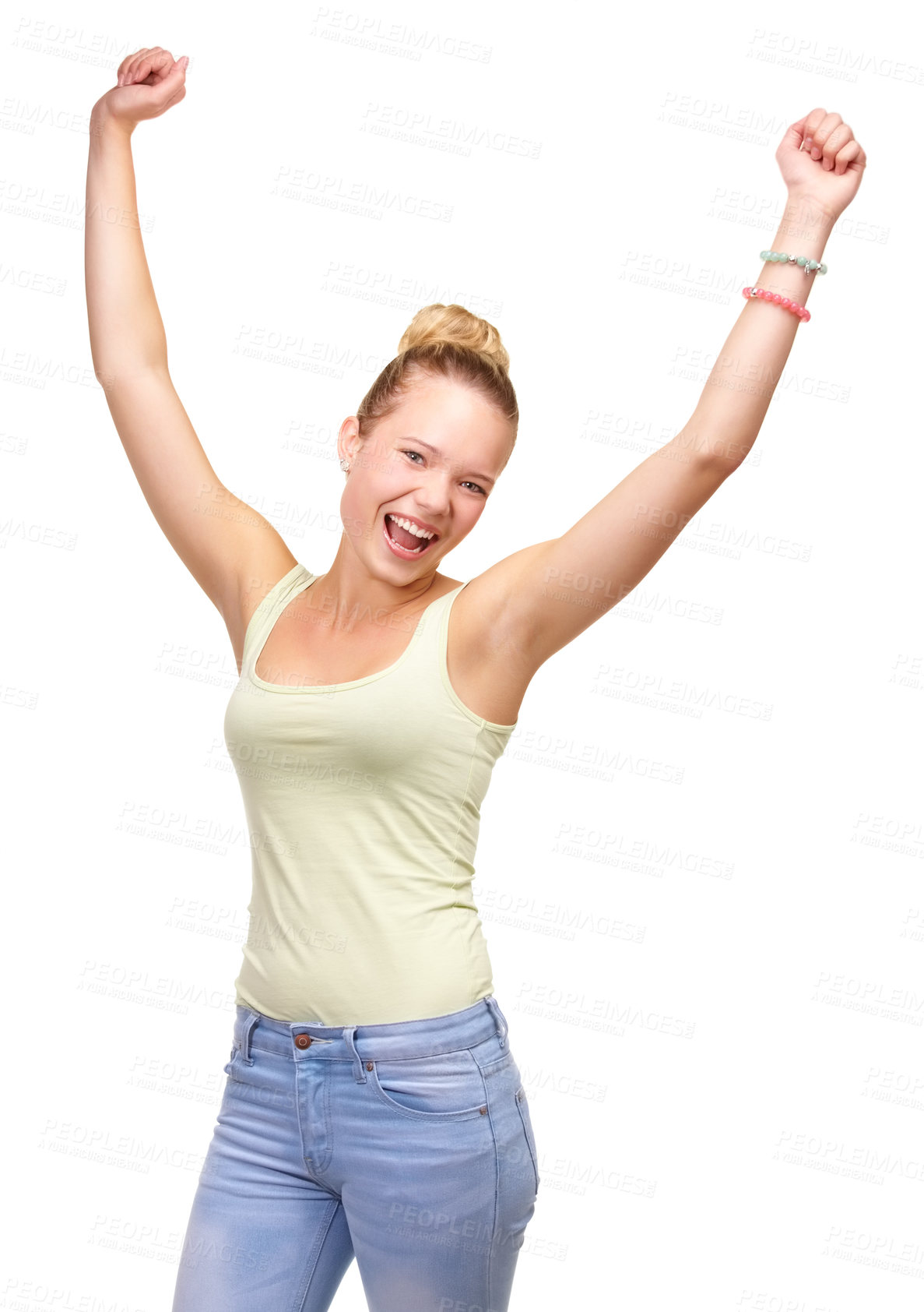 Buy stock photo Teenager, portrait and excited hands in studio celebration announcement, winning or achievement. Female person, face and cheers celebrate for discount deal or offer exited, white background as mockup