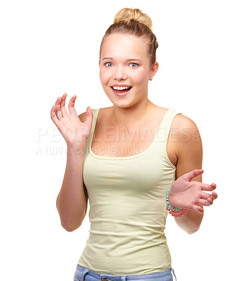 Buy stock photo Woman, portrait and surprise hands in studio for excited shock for wow, announcement or information. Female person, model and face for omg good news or emoji expression, white background as mockup
