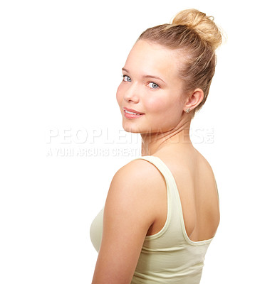 Buy stock photo Teen, girl and portrait smile in studio or natural beauty as gen z happy, mockup space on white background. Female person, model and face confident as casual look or good mood, positive or relaxed