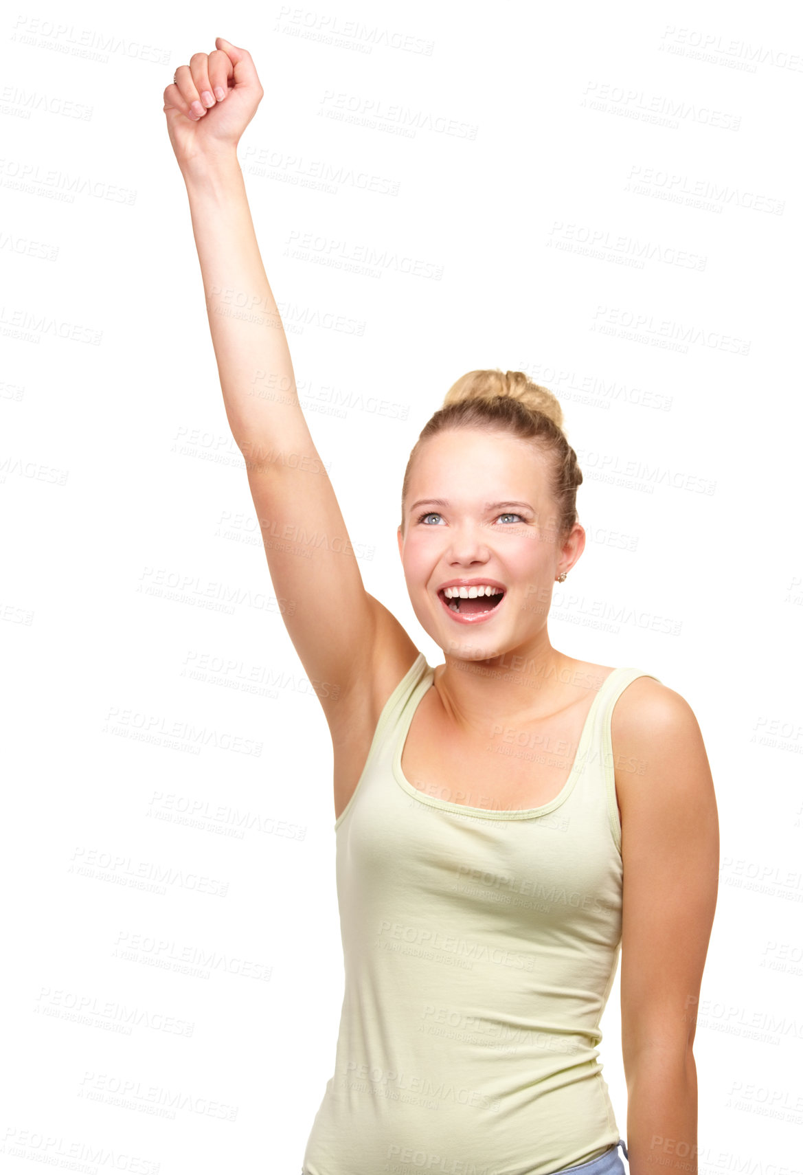 Buy stock photo Teenager, portrait and celebrate cheer in studio for winning support, happy victory or celebration achievement. Female person, hands and competition good news or excited, white background as mockup