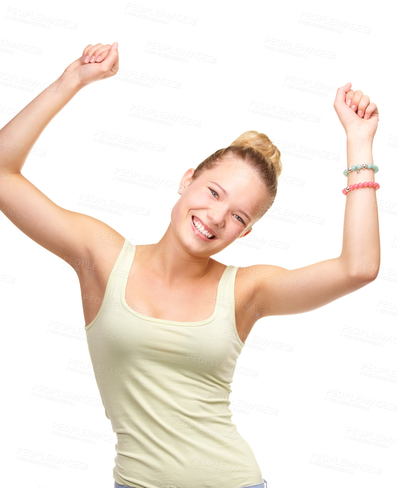 Buy stock photo Teenager, portrait and celebrate happy in studio celebration announcement, winning or achievement. Female person, face and dance hands for discount deal or offer exited, white background as mockup