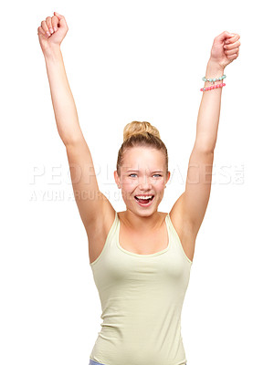 Buy stock photo Girl, teen and celebrate cheers in studio for happy announcement, winning or achievement. Female person, wow and hands fist for smile discount prize deal or offer surprise, white background as mockup