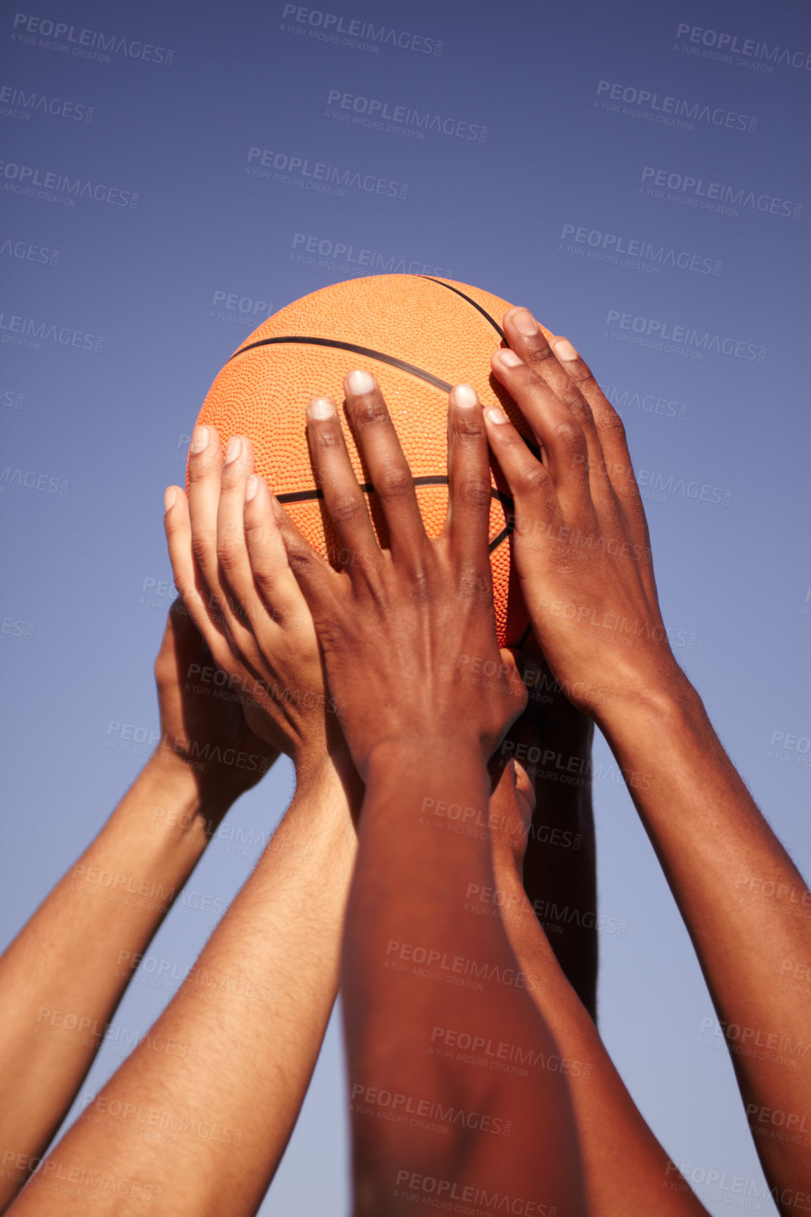Buy stock photo Team, hands and basketball with sport for training, collaboration and support outdoor on court. People, teamwork or ball for unity, community and competition or challenge in nature with mock up space