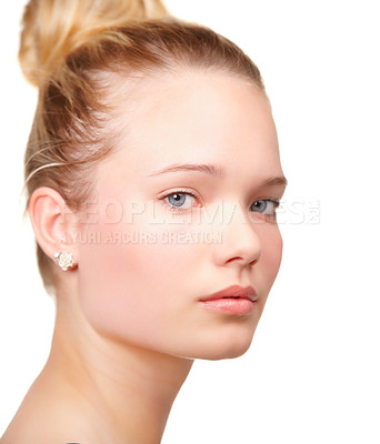 Buy stock photo Girl, teen and portrait or skincare in studio for glow clear, hygiene on white background. Female person, model and face for dermatology confidence for health wellness, calm shine or natural beauty