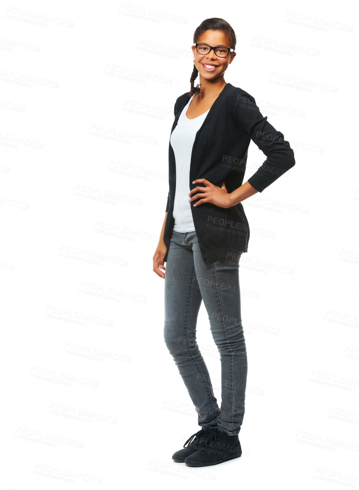 Buy stock photo Portrait, children and fashion with an indian girl in studio isolated on a white background with a carefree attitude. Kids, hand on hip and student with a young female child posing for style