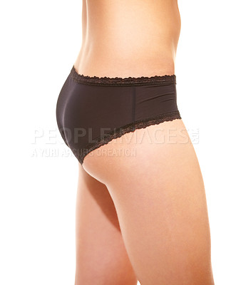 Buy stock photo Woman, buttocks and underwear closeup in studio for weight loss results, health on white background. Female person, leg and thigh in lingerie panties for elegant wellness, skin as mockup space