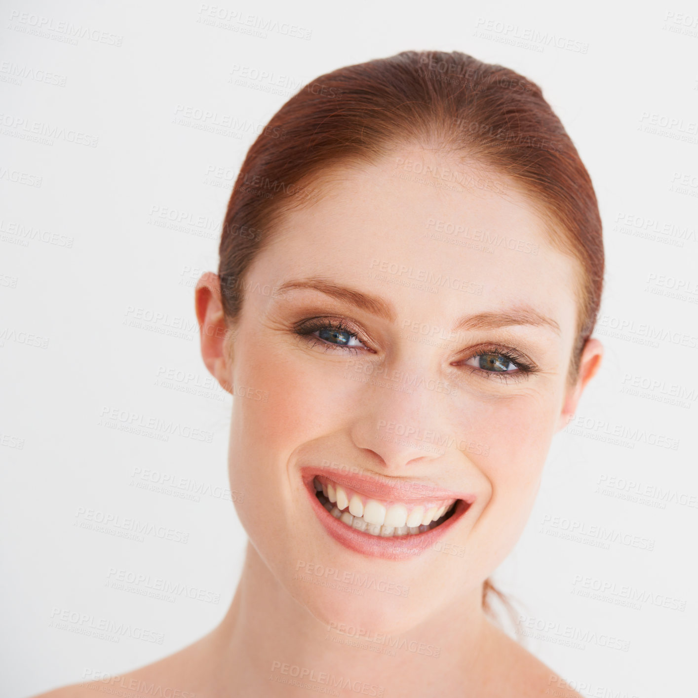 Buy stock photo Happy, beauty and portrait of ginger woman in studio for cosmetics, wellness and facial on white background. Dermatology, skincare and face of female person for  natural makeup, smile and health skin