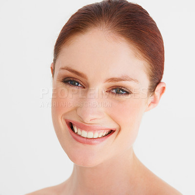 Buy stock photo Ginger woman, beauty and portrait in studio for cosmetics, wellness and facial on white background. Dermatology, luxury spa and happy face of female person for natural makeup, skincare and self care