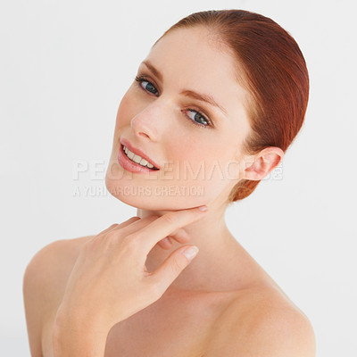 Buy stock photo Portrait of a beautiful woman touching her face