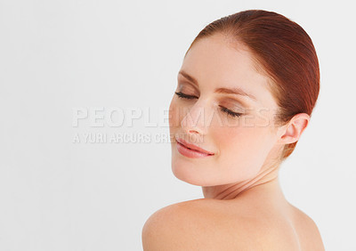 Buy stock photo Beauty, eyes closed and face of happy woman in white background, isolated studio mockup and natural skincare. Female model, aesthetic glow and cosmetics for facial dermatology, self love and smile 