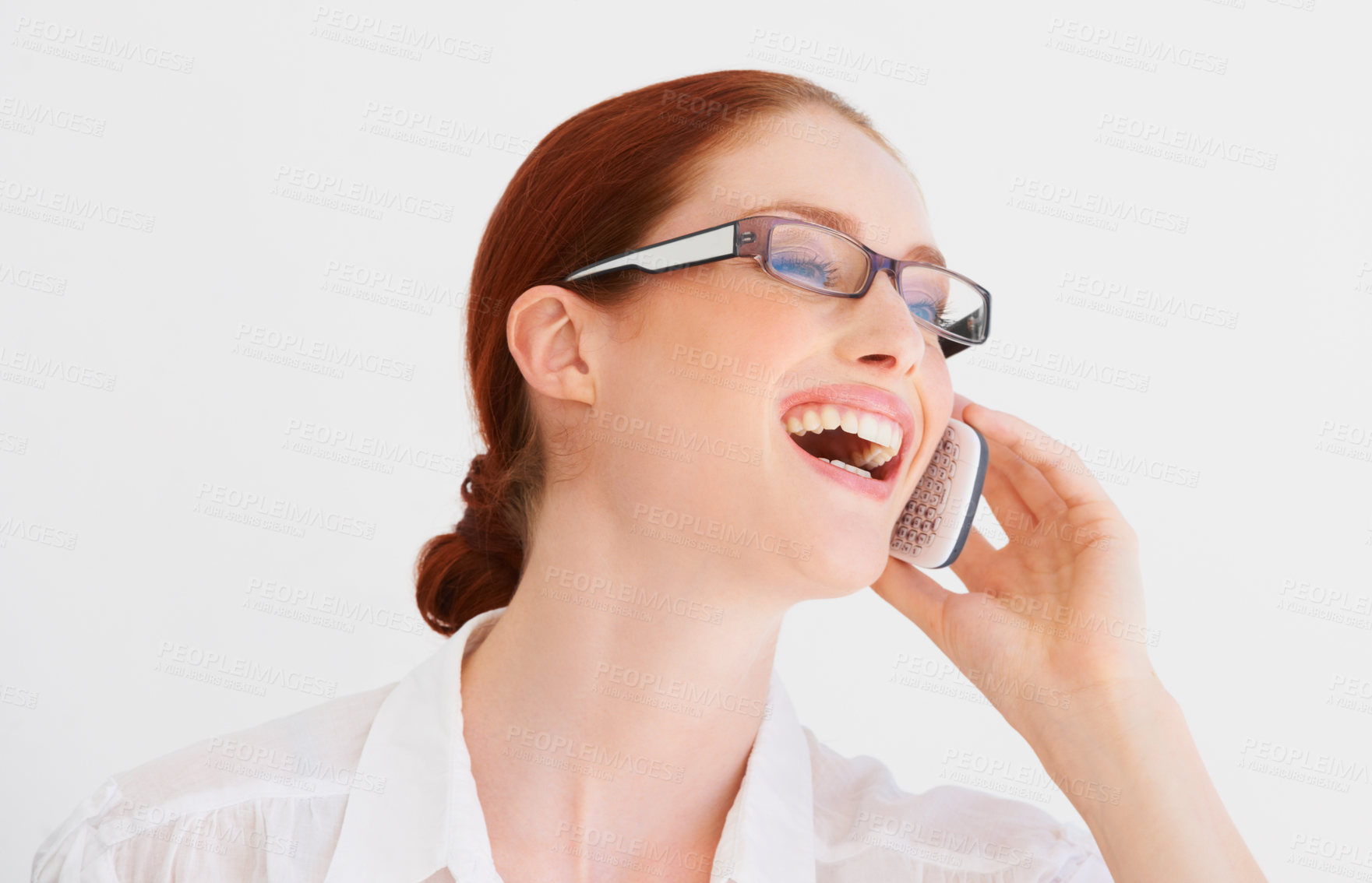 Buy stock photo Laugh, phone call and woman with glasses in a studio for discussion with positive attitude. Happy, technology and young female model on mobile conversation with cellphone isolated by white background