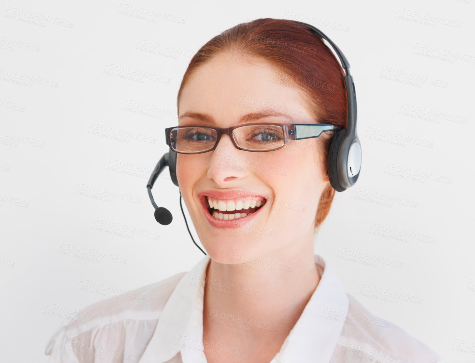 Buy stock photo Call center, happy and portrait of woman in studio for telemarketing, customer service and help desk. Smile, communication and contact us with face of consultant on white background for mockup