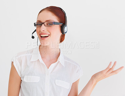 Buy stock photo Call center, consulting and portrait of woman in studio for telemarketing, customer service and help desk. Happy, communication and contact us with advisor isolated on white background for mockup
