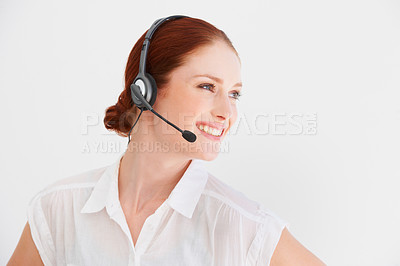 Buy stock photo Call center, smile and consulting with woman in studio for telemarketing, customer service and help desk. Happy, communication and contact us with consultant isolated on white background for mockup