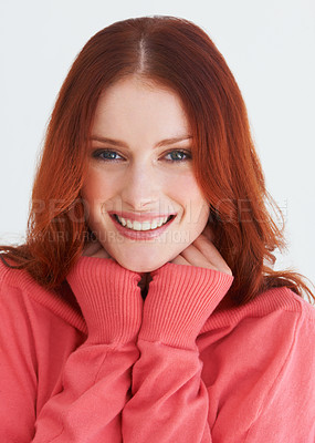 Buy stock photo Woman, winter jersey and studio portrait with beauty, makeup and style by white background. Isolated girl, ginger hair model and student with cozy fashion, happiness and cosmetics by backdrop