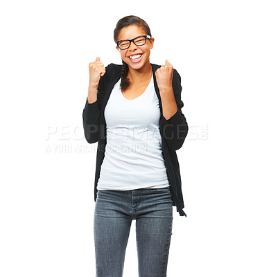 Buy stock photo Winning, celebration and happy woman with success in a studio with excitement, achievement or goal. Happiness, winner and excited female model with glasses celebrating isolated by a white background.