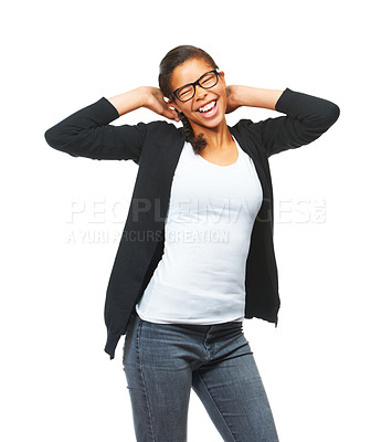 Buy stock photo Girl student, studio and silly dance with smile, focus and funny time by white background for success. Young black woman, glasses and isolated for comic laughing, development or future education goal