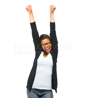 Buy stock photo Winner, achievement and woman in celebration in a studio with excitement, happiness or goal. Happy, winner and excited female model or student with glasses celebrating isolated by a white background.