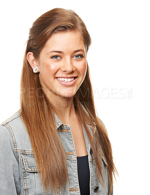 Buy stock photo Woman, denim jacket and portrait studio with smile, confidence and isolated with style by white background. Girl, edgy fashion model and happy with trendy retro clothes for modern hipster in Ireland