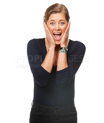 Buy stock photo Woman, portrait and hands shock or excited in studio for  announcement, opportunity on white background. Female person, model and face for surprise good news or win achievement, happy for information