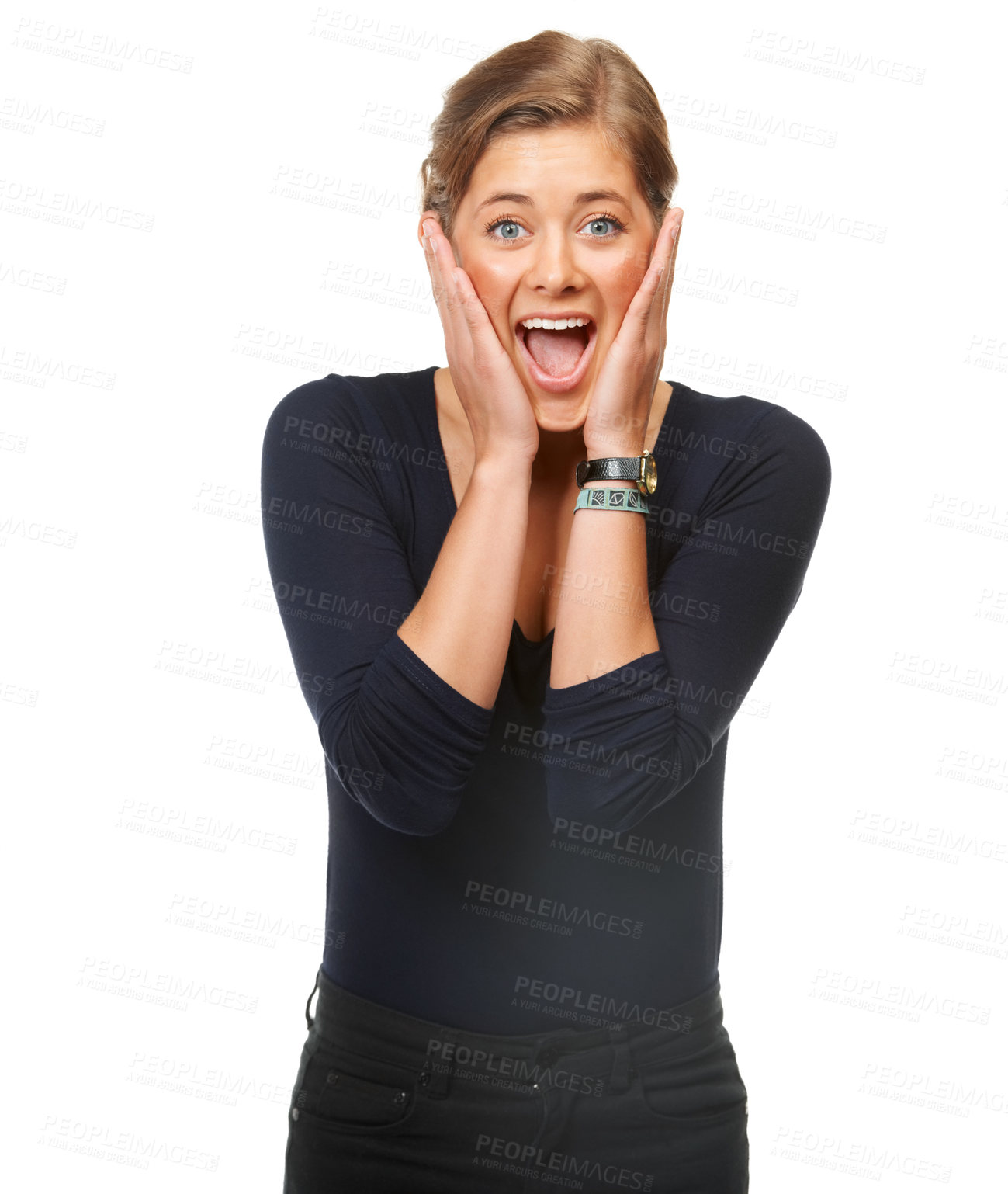 Buy stock photo Woman, portrait and hands shock or excited in studio for  announcement, opportunity on white background. Female person, model and face for surprise good news or win achievement, happy for information