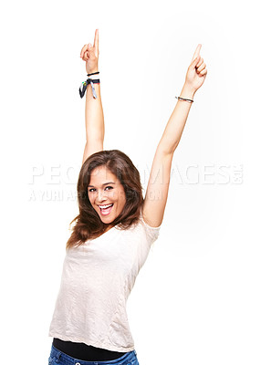 Buy stock photo Happiness, portrait and studio woman celebrate victory, competition success or winning contest, giveaway or promotion. Achievement, announcement celebration and winner arms raised on white background