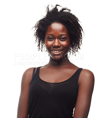 Buy stock photo Model, smile and black woman portrait with isolated white background and happiness. Fashion, woman and happy female empowerment with a person from Senegal feeling calm with studio mock up 