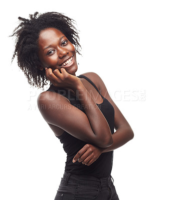 Buy stock photo Face portrait, beauty and hair care of black woman in studio on white background mock up. Skincare, makeup cosmetics and self love of female model with beautiful afro after salon treatment for growth