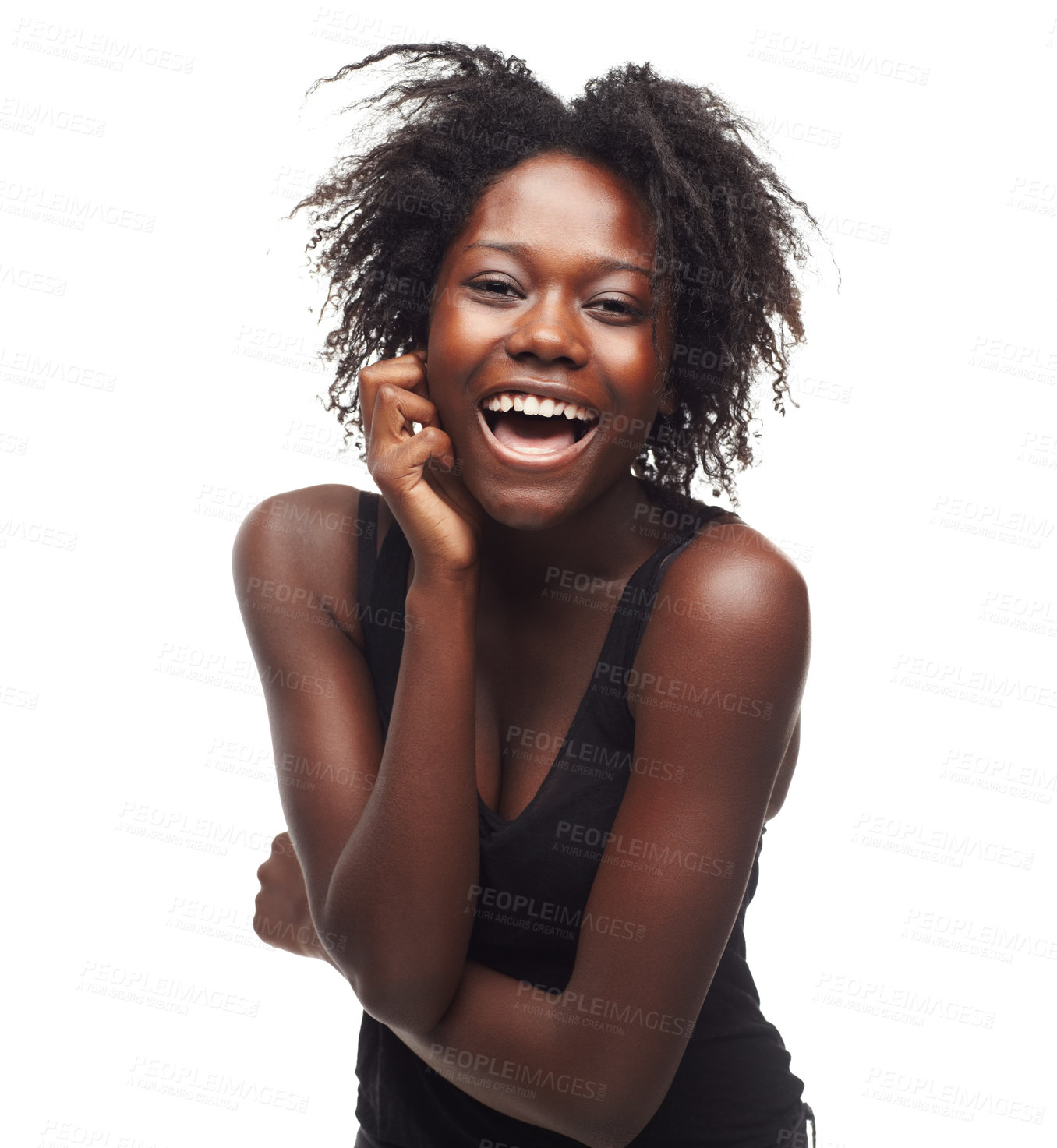 Buy stock photo Portrait, skincare and black woman with smile, wellness and healthcare for natural beauty, cosmetics and isolated on white studio background. Nigerian female, lady and happy with confidence or luxury