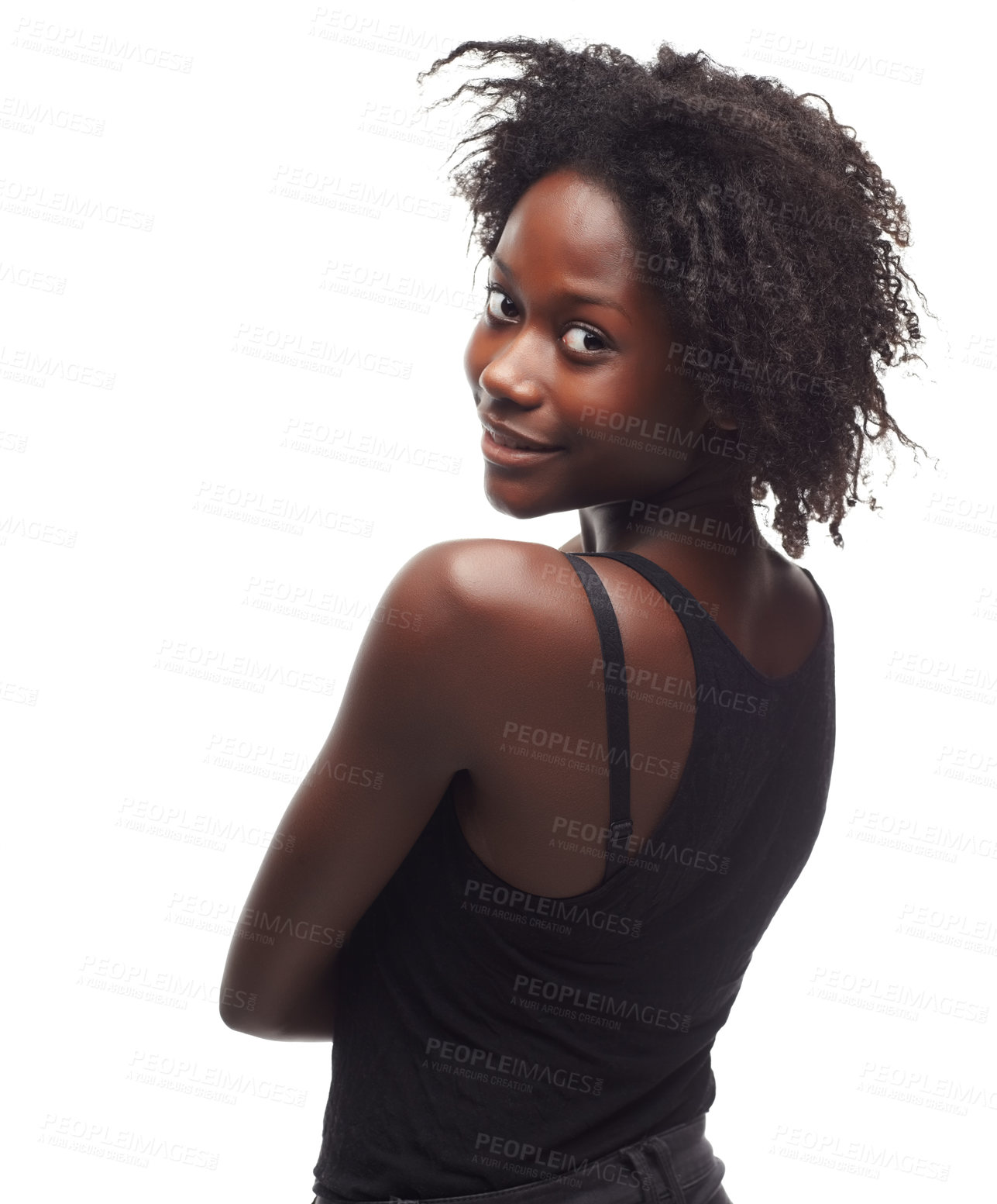 Buy stock photo Black woman, back and smile for happy profile beauty against a white studio background. Portrait of a beautiful isolated young African American woman expressing positivity on a white background