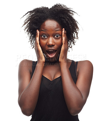 Buy stock photo Surprise, wow and portrait of black woman in studio on white background for emoji, facial expression and news. Beauty, amazed face and girl with open mouth for shock, omg results and excited reaction