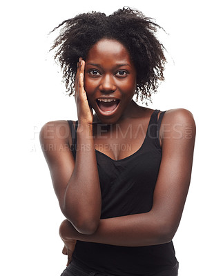 Buy stock photo Portrait, wow and surprise with a model black woman in studio isolated on a white background feeling shocked. Happy, smile and gossip with an attractive young female posing alone on blank space