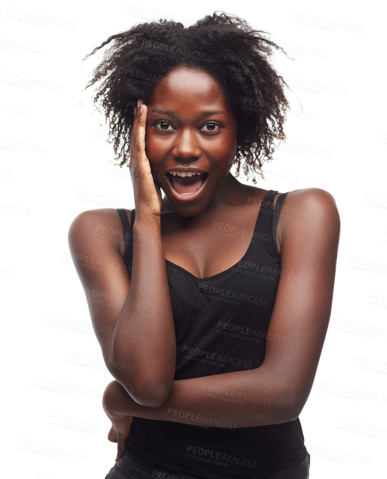Buy stock photo Portrait, wow and surprise with a model black woman in studio isolated on a white background feeling shocked. Happy, smile and gossip with an attractive young female posing alone on blank space