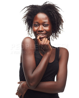 Buy stock photo Beauty, portrait and flirting black woman in studio for hair treatment against white background. Face, girl and haircare for thinking African girl with curly, texture and afro, cute and isolated